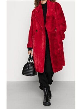 Cliche Red Faux Fur Coat Womens XL NWT Plush Teddy Double Breasted Long Jacket